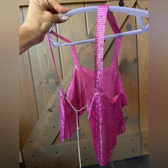 Sparkling Hot Pink Chainmail Crop Top - Picture 3 of 8